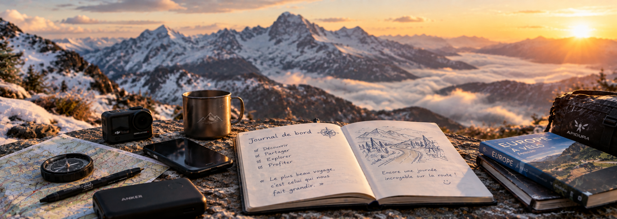 Carnet de voyage ouvert face à des montagnes enneigées au lever du soleil